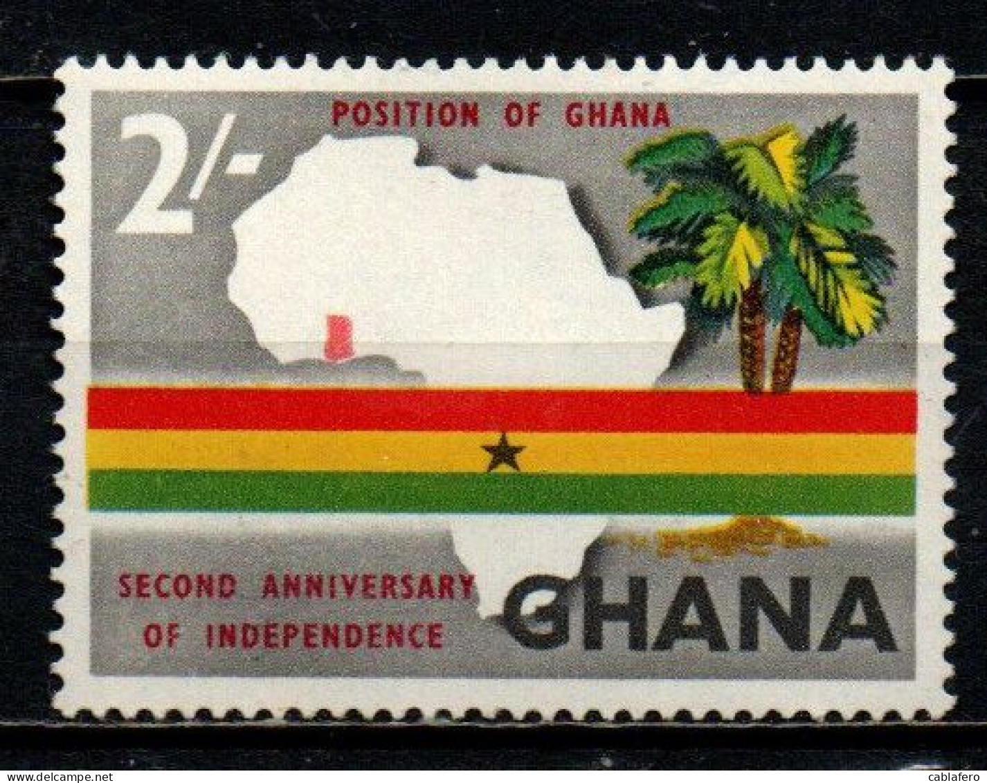 GHANA - 1959 - Map Of Africa, Flag And Palm Tree - Independence, 2nd Anniversary - MNH - Ghana (1957-...)