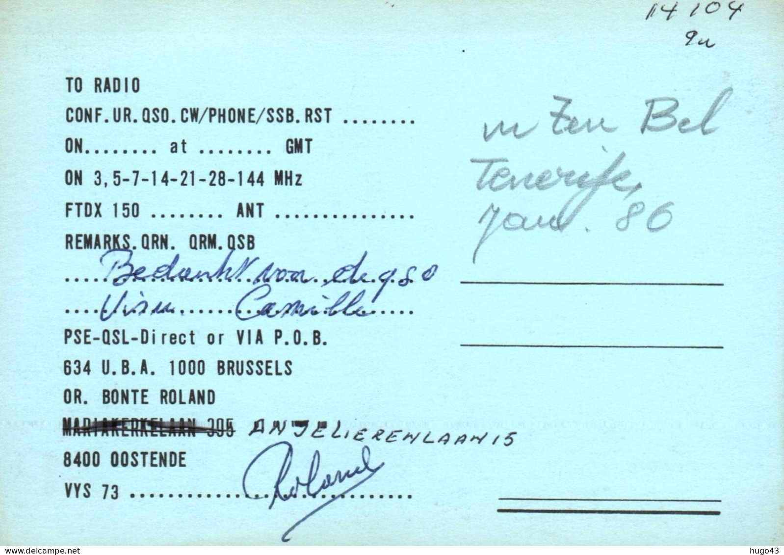 (RECTO / VERSO) CARTE BELGIAN NAVAL AMATEUR RADIO STATION ON5BO - DOC FR - Radiodiffusion