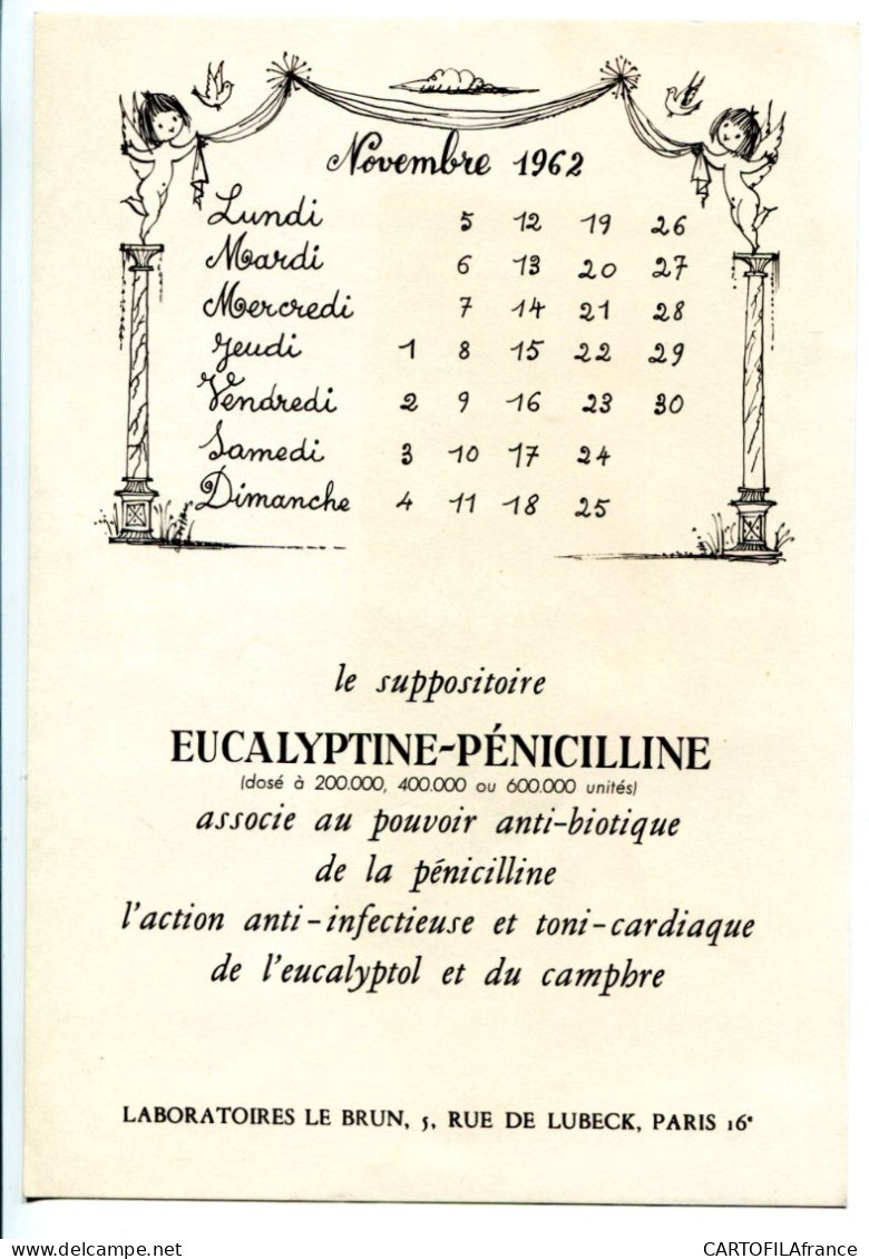 CALENDRIER LES AMOUREUX DE PEYNET NOVEMBRE 1962 MICTASOL LABORATOIRE LE BRUN Dimensions 23 Cm X 16 Cm - Petit Format : 1961-70