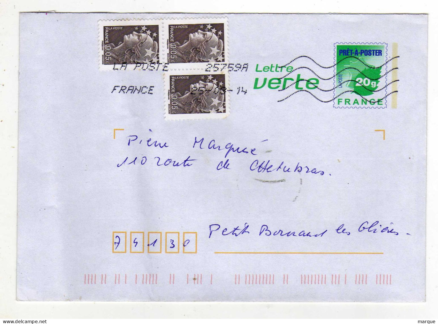 Enveloppe FRANCE Prêt à Poster Lettre Verte Oblitération LA POSTE 25759A 25/03/2014 - Prêts-à-poster:  Autres (1995-...)