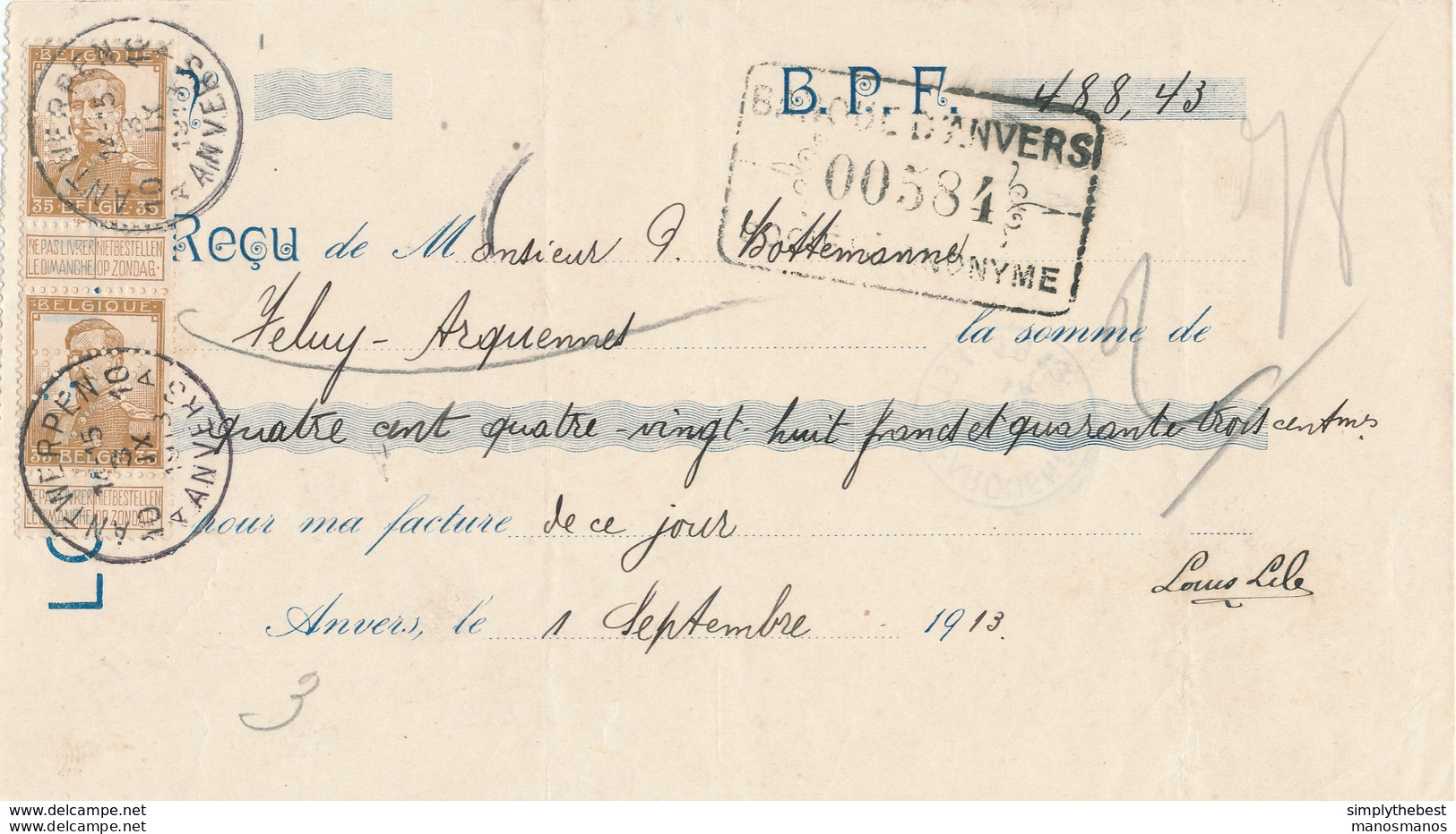 794/30 --  RECU TP Pellens 35 C X2 ANTWERPEN 1913 Vers FELUY ARQUENNES - PERFORES B.A. Banque D' Anvers - 1909-34