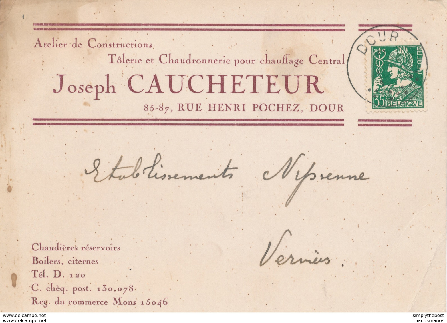 601/30 - Carte Privée TP Mercure DOUR - Entete Tolerie Chaudronnerie Joseph Caucheteur , Rue Pochez - 1932 Ceres En Mercurius