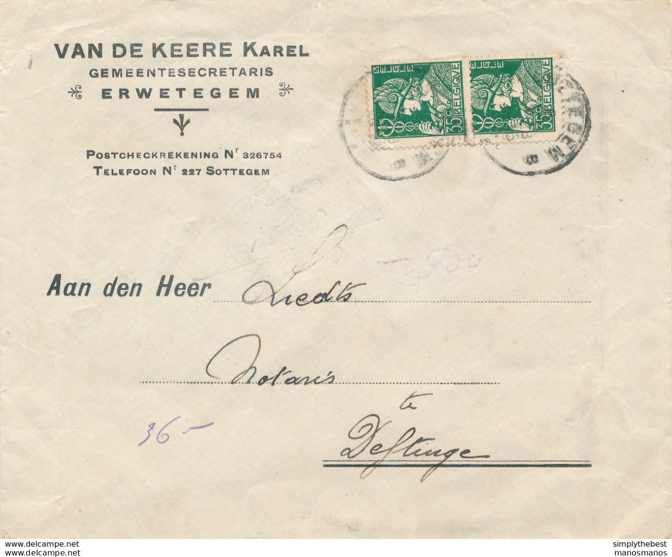 602/30 - Enveloppe TP Mercure ERWETEGEM 1935 - Entete Gemeentesecretaris Karel Van De Keere - 1932 Ceres Und Mercure