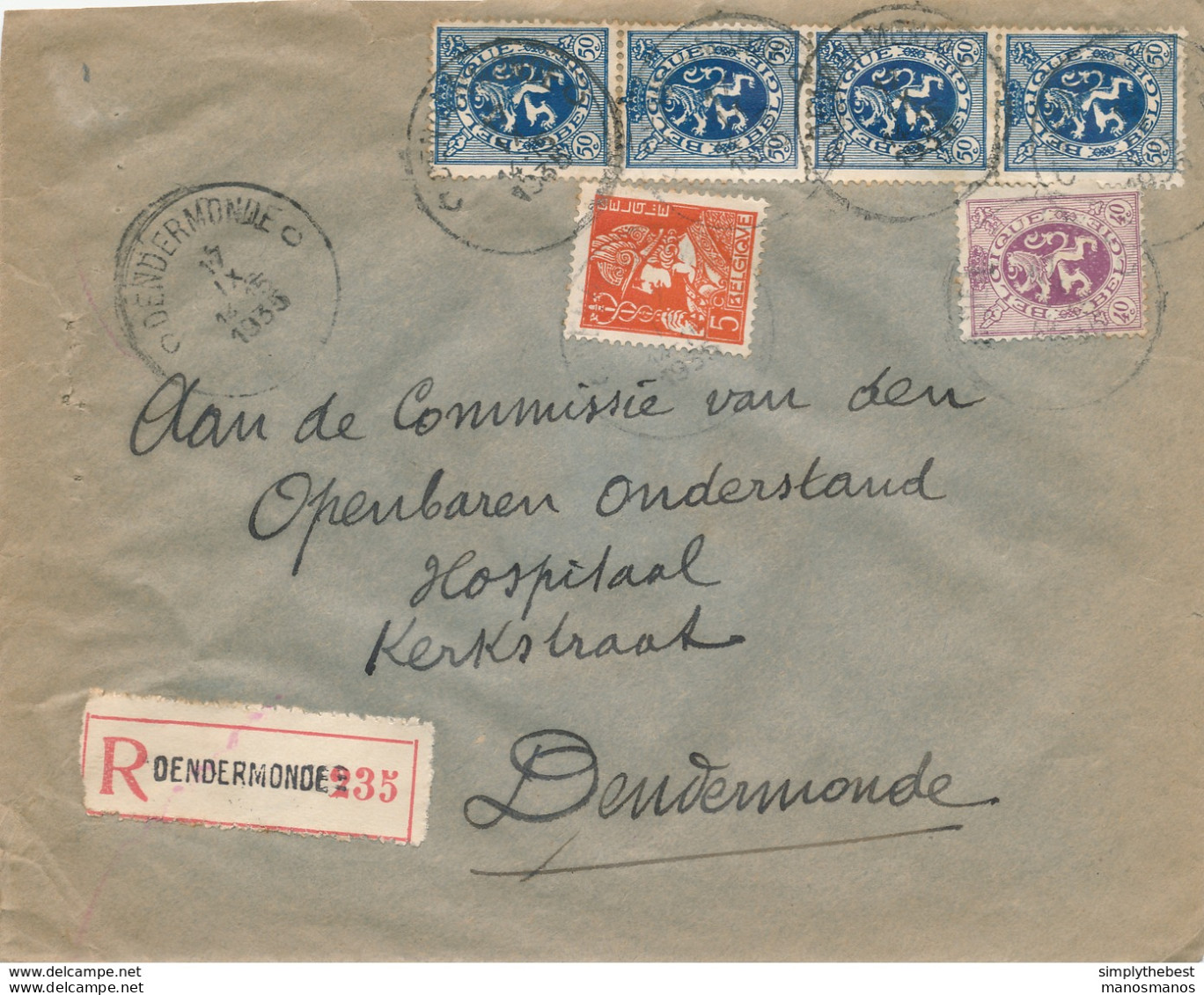 603/30 - Enveloppe Recommandée TP Mercure Et Lion Héraldique DENDERMONDE 1935 - TARIF EXACT 2 F 45 - 1932 Ceres And Mercurius