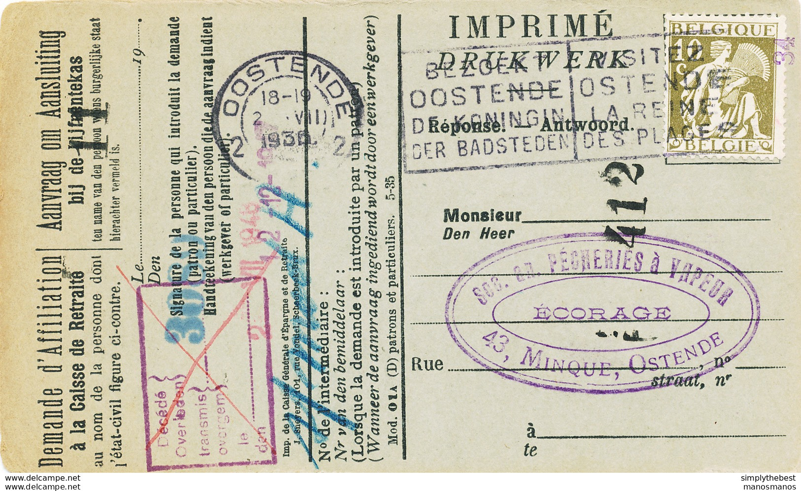 594/30 - Carte Caisse D' Epargne TP Cérès OOSTENDE 1936 - Vers S.A. Pecheries à Vapeur Ecorage à OSTENDE - 1932 Ceres E Mercurio