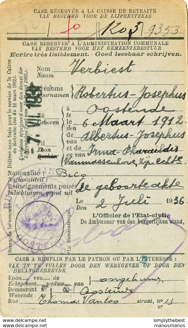 594/30 - Carte Caisse D' Epargne TP Cérès OOSTENDE 1936 - Vers S.A. Pecheries à Vapeur Ecorage à OSTENDE - 1932 Ceres Und Mercure
