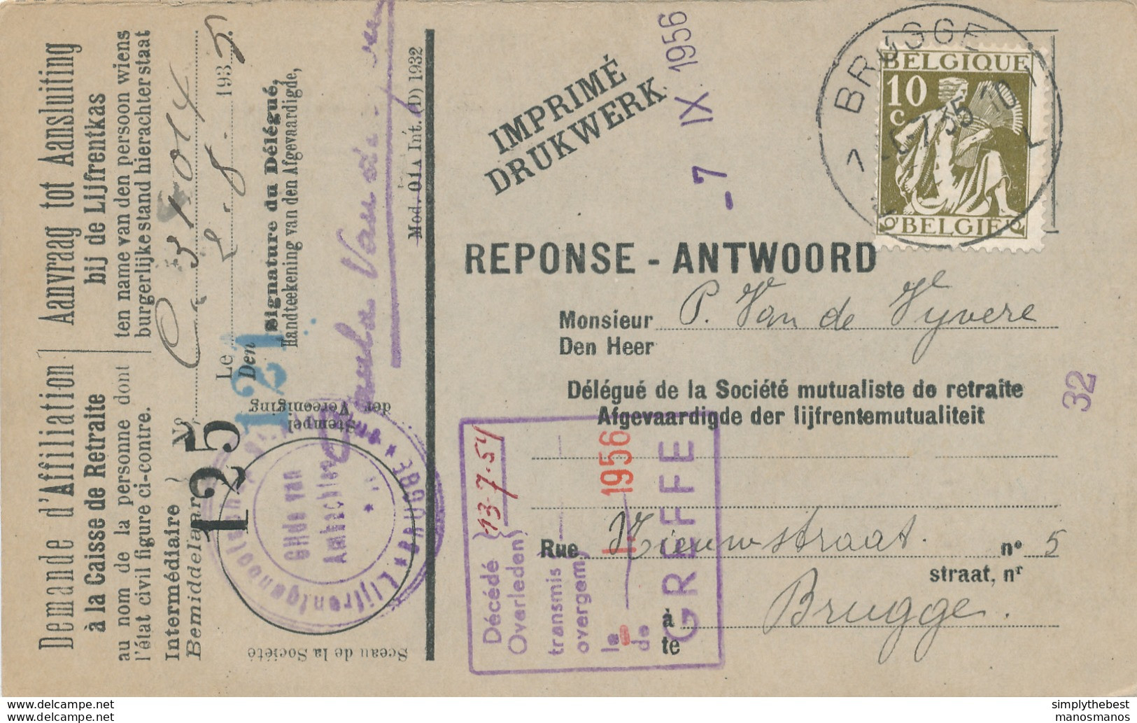 586/30 - Carte Caisse D' Epargne TP Cérès BRUGGE 1935 - Verso Cachet MEETKERKE Gemeentebestuur - 1932 Ceres En Mercurius