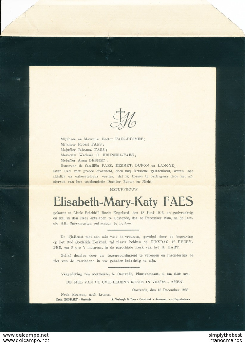 605/30 - Faire-Part De Deuil TP Cérès OOSTENDE 1935 - Familles Faes-Desmet , Drukkerij Smissaert - 1932 Ceres And Mercurius