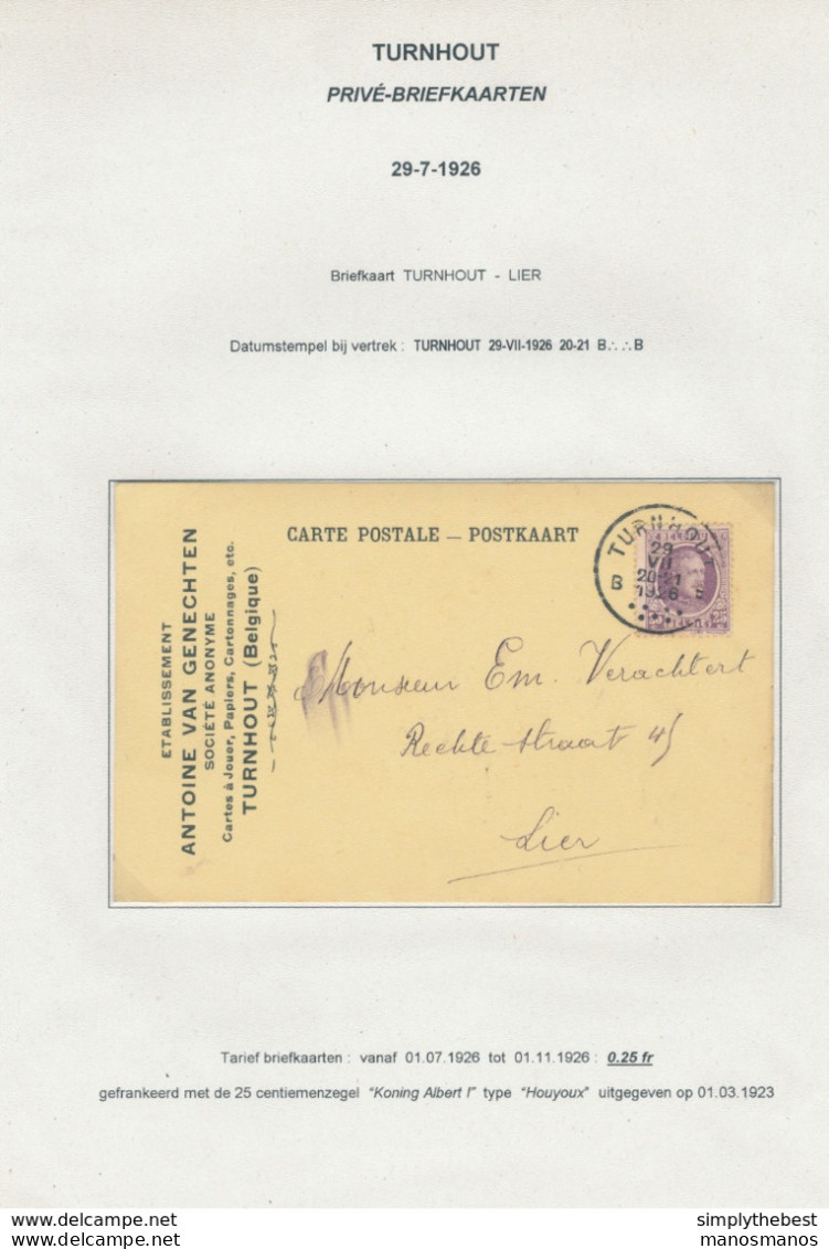 461/30 - Belgique CARTES A JOUER - Carte Privée TP Houyoux TURNHOUT 1926 - Ets Antoine Van Genechten S.A. Fabricants - Unclassified