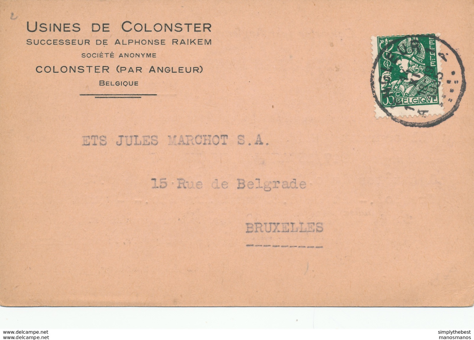 600/30 - Carte Privée TP Mercure ANGLEUR 1935 - Entete Usines De COLONSTER - 1932 Ceres En Mercurius