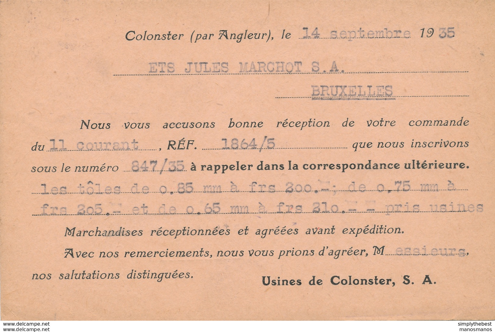 600/30 - Carte Privée TP Mercure ANGLEUR 1935 - Entete Usines De COLONSTER - 1932 Cérès Et Mercure