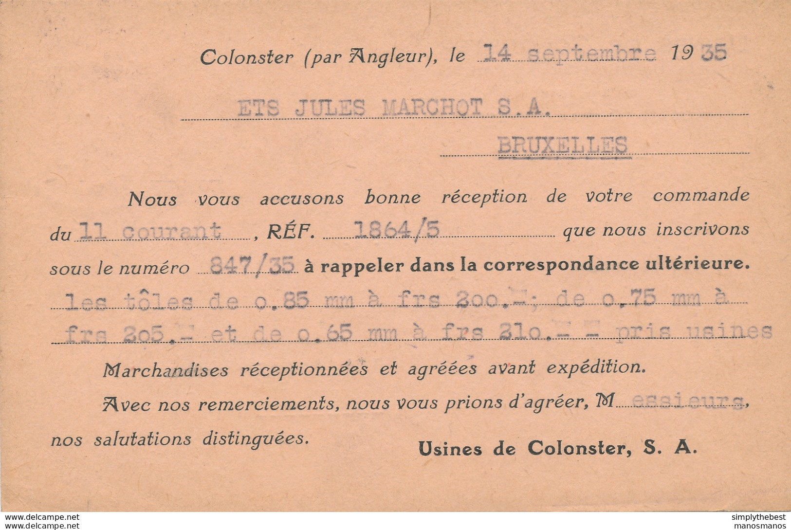 600/30 - Carte Privée TP Mercure ANGLEUR 1935 - Entete Usines De COLONSTER - 1932 Ceres Y Mercurio