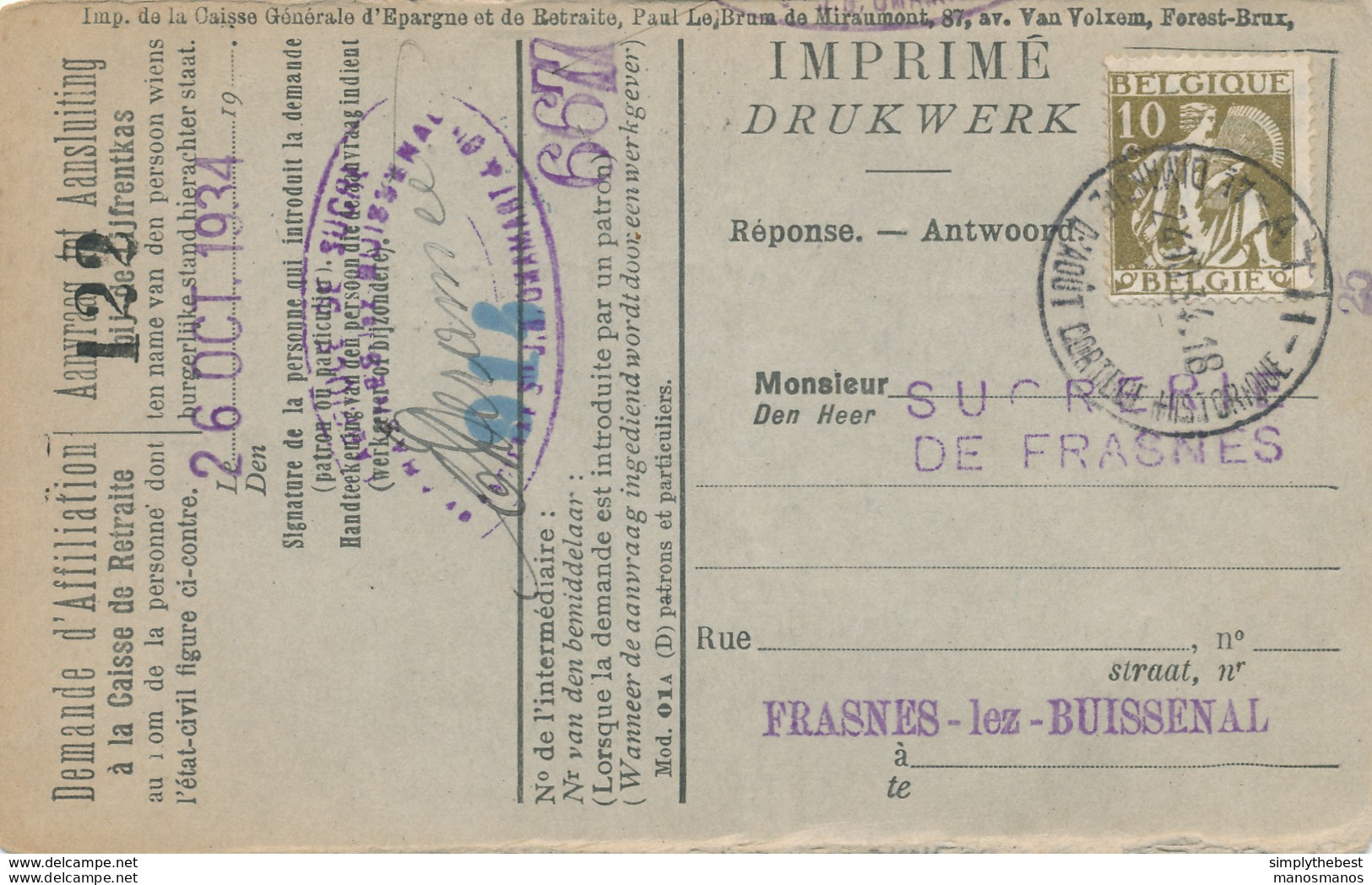 593/30 - Carte Caisse D' Epargne TP Cérès ATH 1934 - Vers La Sucrerie De FRASNES Lez BUISSENAL - 1932 Cérès Et Mercure