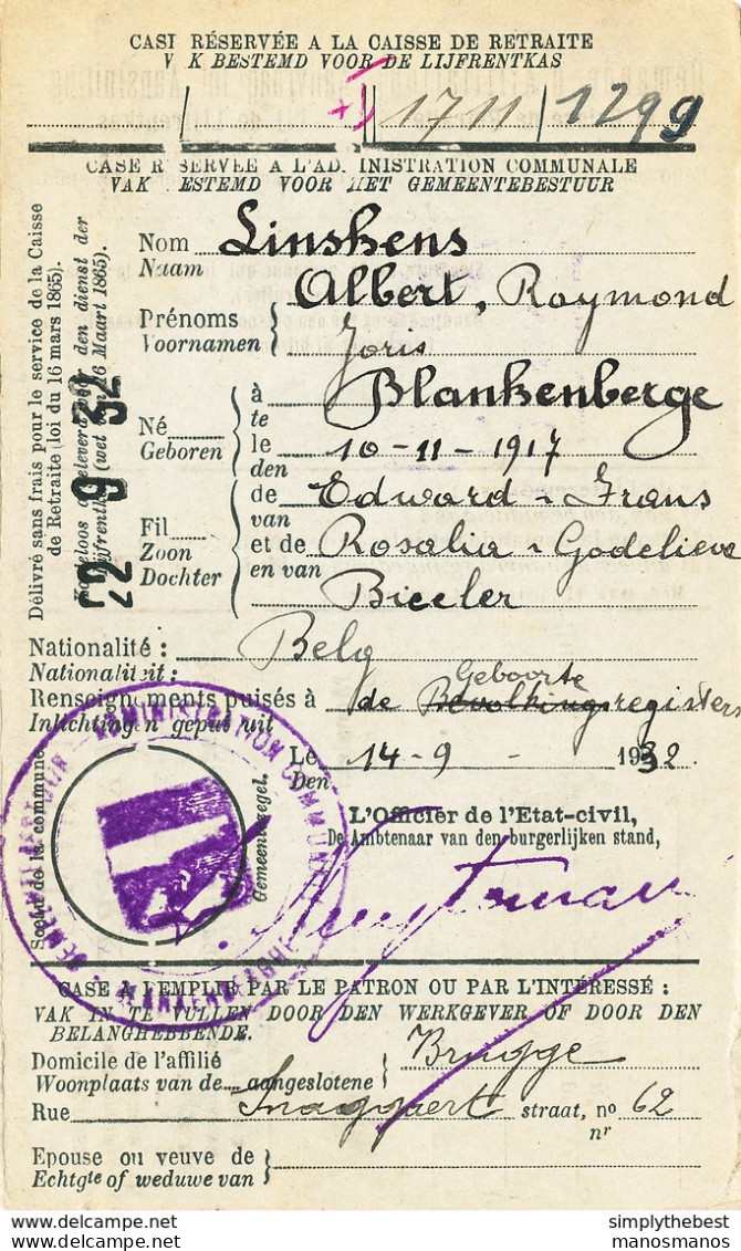587/30 - Carte Caisse D' Epargne TP Cérès BLANKENBERGHE 1932 - Verso Cachet BLANKENBERGHE Gemeentebestuur - 1932 Ceres Y Mercurio