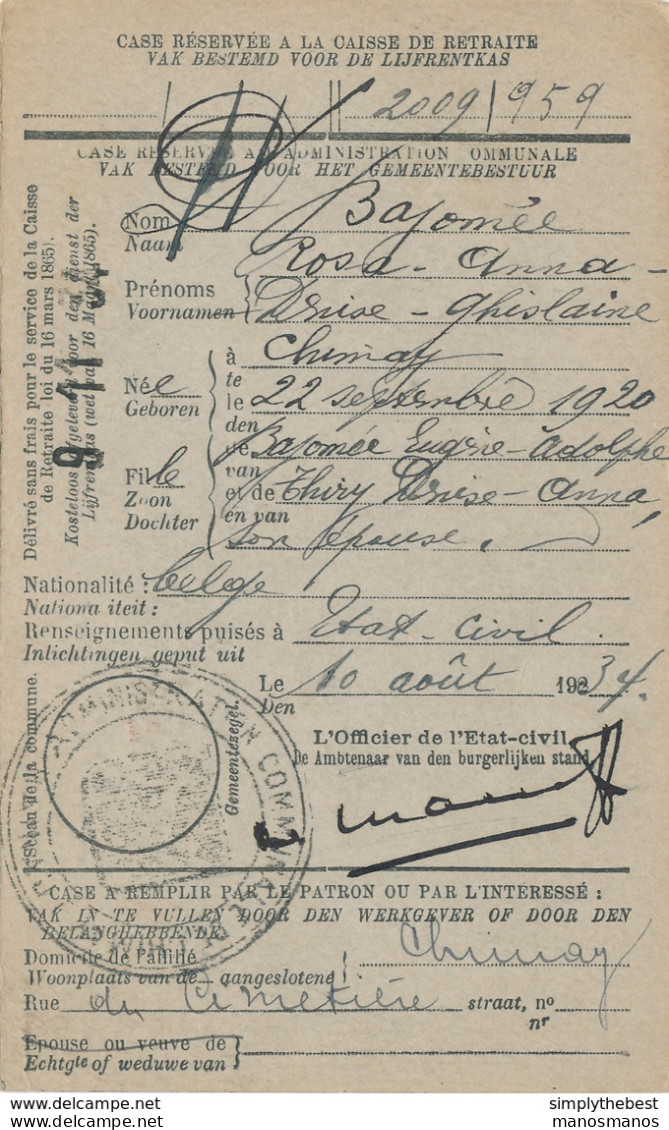 589/30 - Carte Caisse D' Epargne TP Cérès CHIMAY 1934 - Verso Cachet CHIMAY Administration Communale - 1932 Ceres E Mercurio