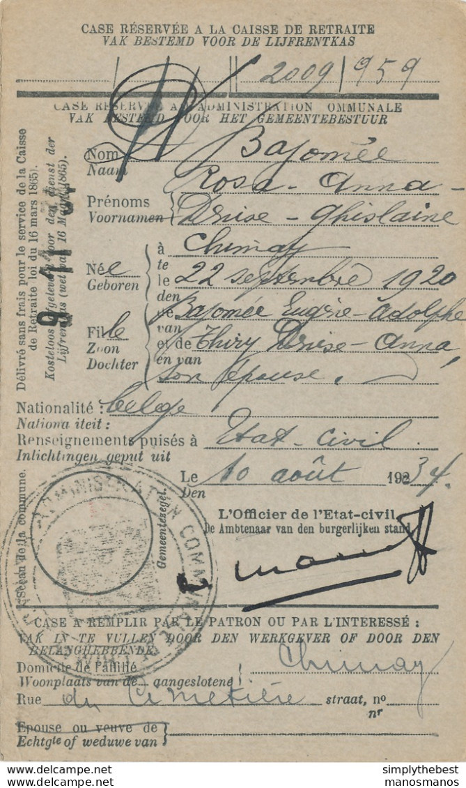 589/30 - Carte Caisse D' Epargne TP Cérès CHIMAY 1934 - Verso Cachet CHIMAY Administration Communale - 1932 Ceres And Mercurius