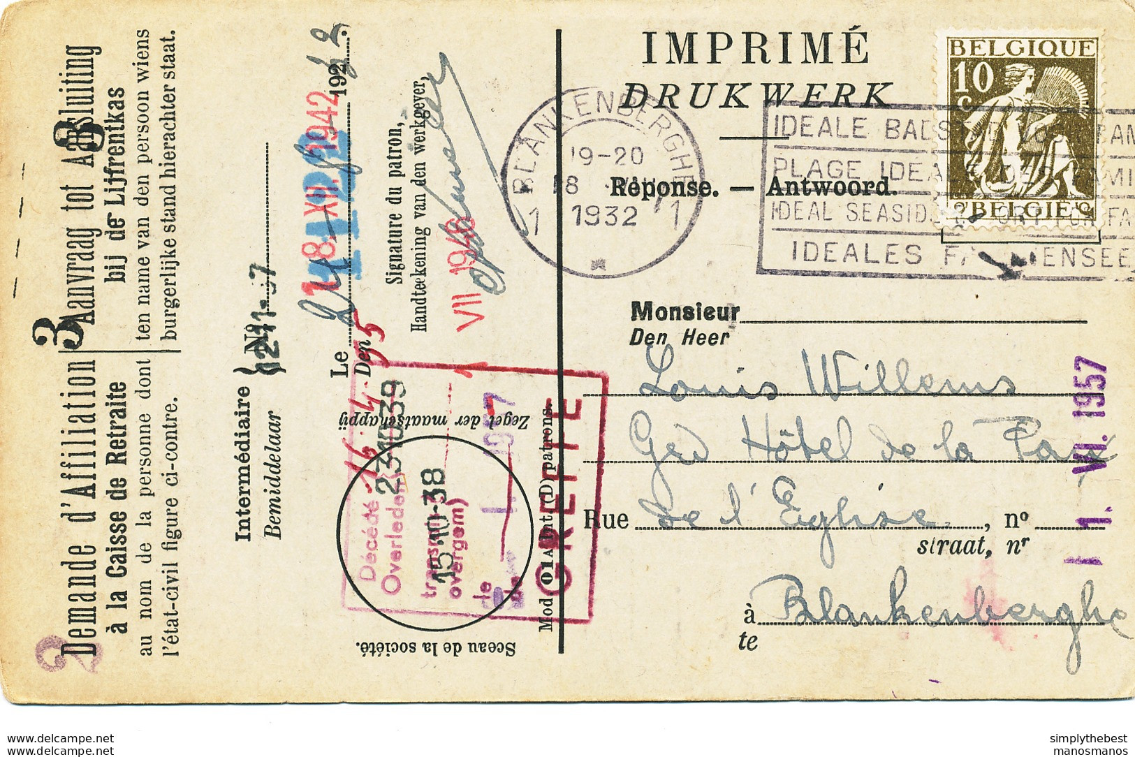 588/30 - Carte Caisse D' Epargne TP Cérès BLANKENBERGHE 1932 - Verso Cachet BLANKENBERGHE Gemeentebestuur - 1932 Ceres En Mercurius