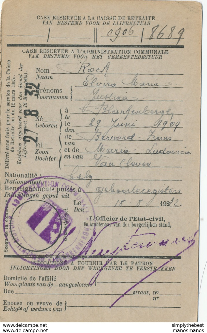 588/30 - Carte Caisse D' Epargne TP Cérès BLANKENBERGHE 1932 - Verso Cachet BLANKENBERGHE Gemeentebestuur - 1932 Ceres En Mercurius