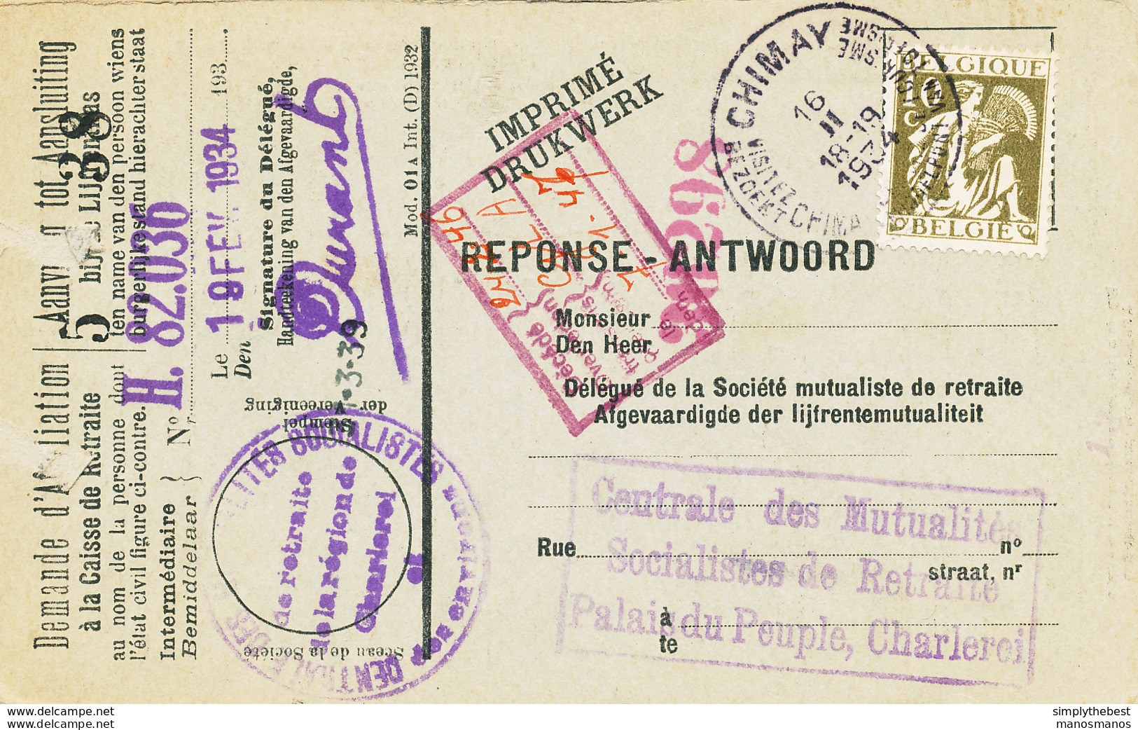 590/30 - Carte Caisse D' Epargne TP Cérès CHIMAY 1934 - Verso Cachet MOMIGNIES Administration Communale - 1932 Cérès Et Mercure