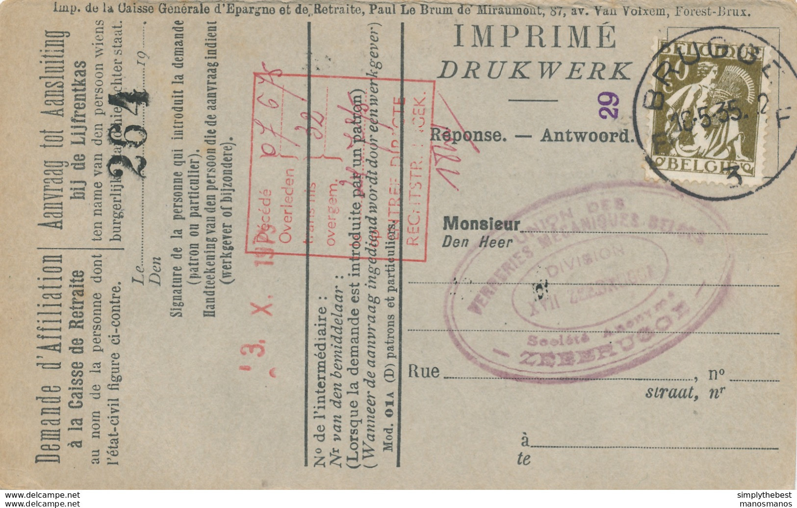 585/30 - Carte Caisse D' Epargne TP Cérès BRUGGE 1935 - Verso Cachet ST ANDRIES Gemeentebestuur - 1932 Ceres En Mercurius