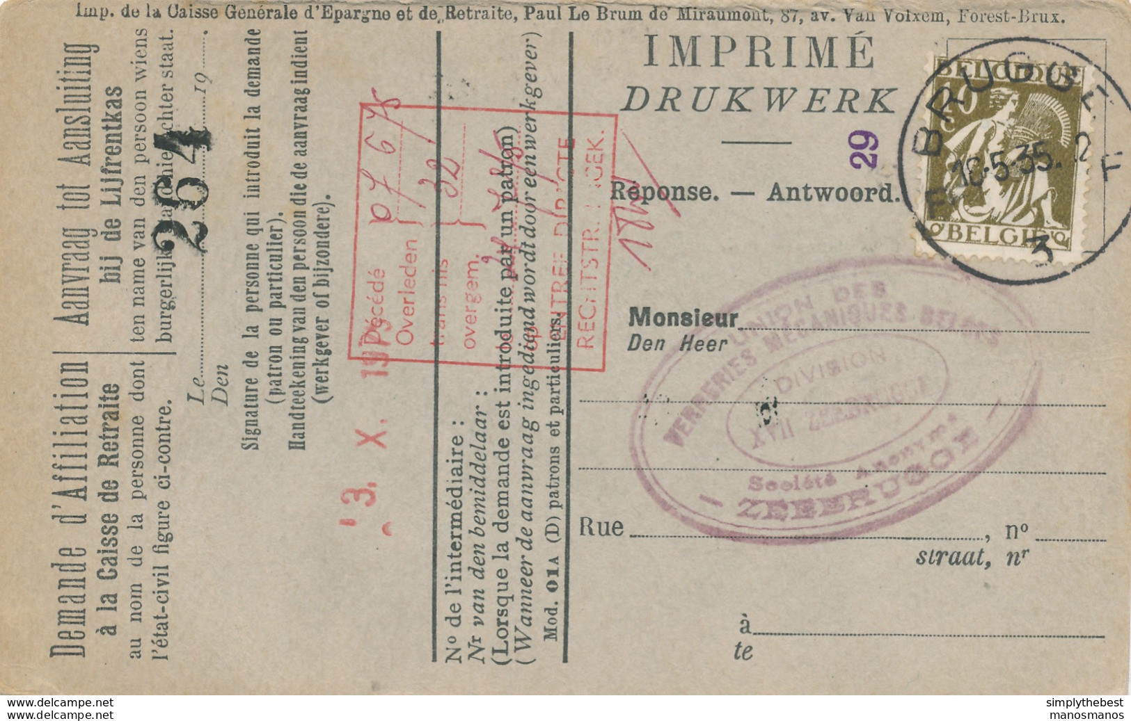 585/30 - Carte Caisse D' Epargne TP Cérès BRUGGE 1935 - Verso Cachet ST ANDRIES Gemeentebestuur - 1932 Ceres And Mercurius