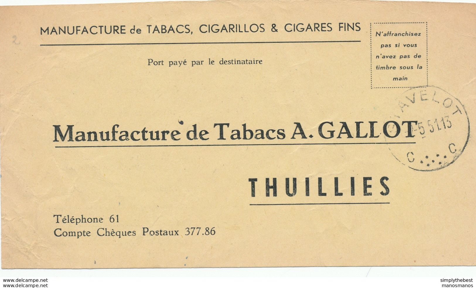 458/30 - Belgique TABAC - Bon De Commande En P.P. Destinataire STAVELOT 1951 Vers Les Tabacs Gallot à THUILLIES - Tabac