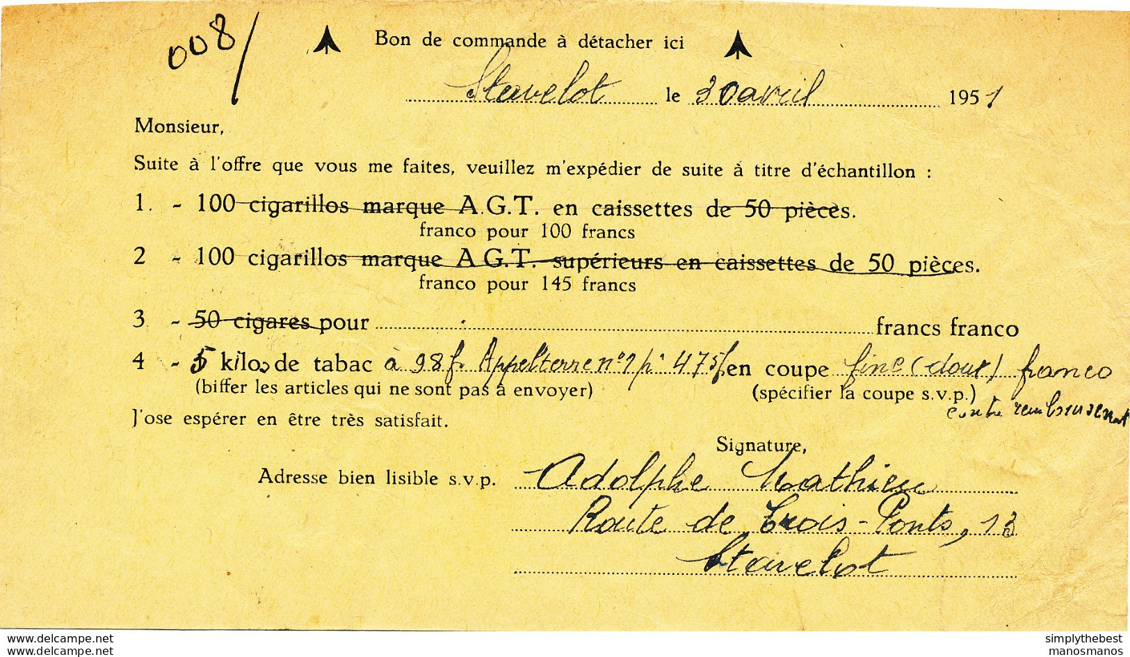 458/30 - Belgique TABAC - Bon De Commande En P.P. Destinataire STAVELOT 1951 Vers Les Tabacs Gallot à THUILLIES - Tabaco