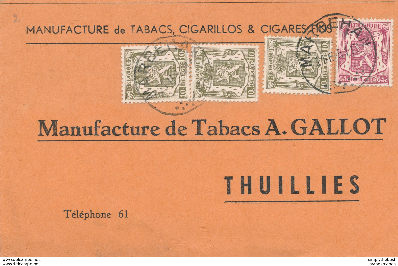 459/30 - Belgique TABAC - Bon De Commande TP Petit Sceau MARBEHAN 1951 Vers Les Tabacs Gallot à THUILLIES - Tabac