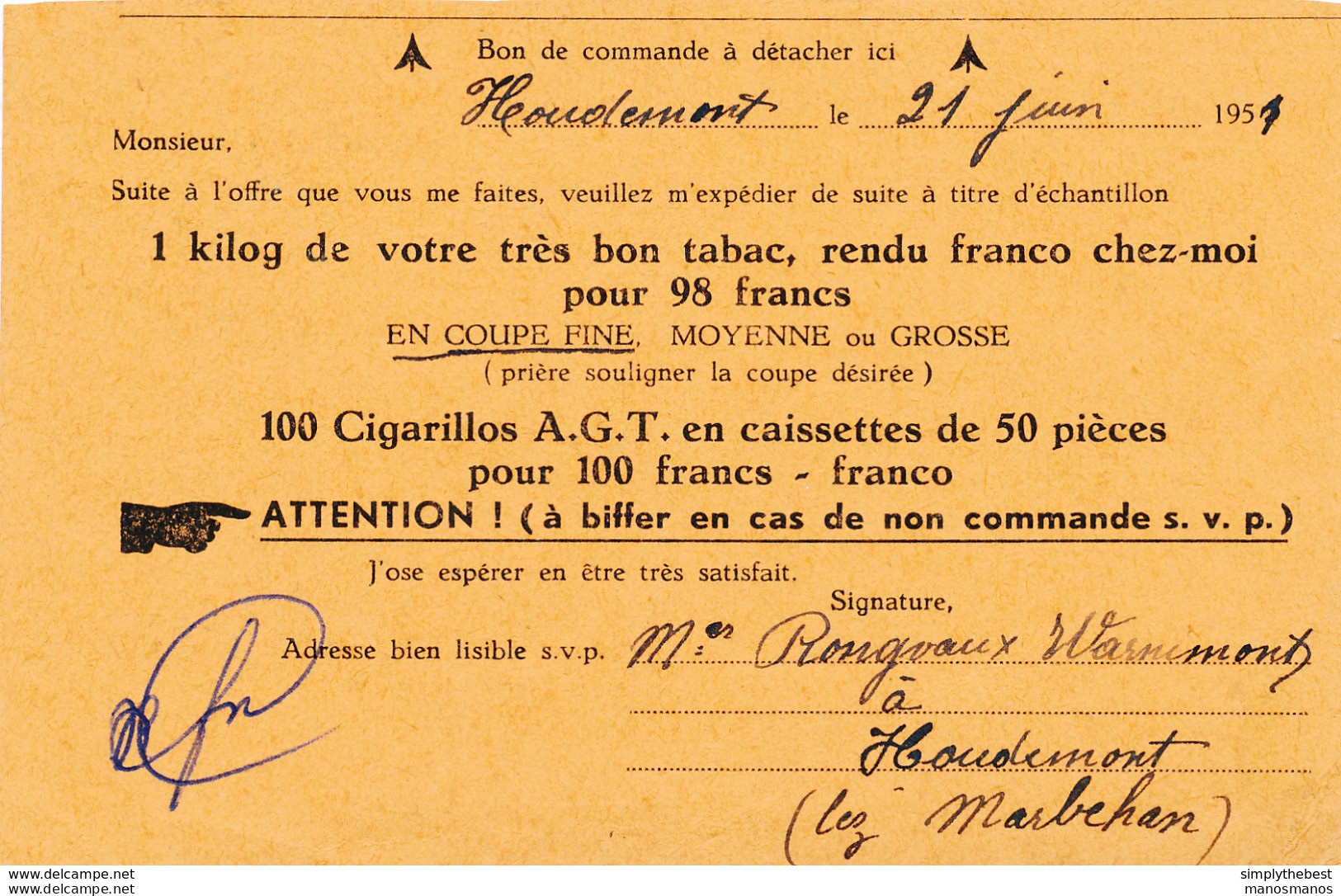 459/30 - Belgique TABAC - Bon De Commande TP Petit Sceau MARBEHAN 1951 Vers Les Tabacs Gallot à THUILLIES - Tabac