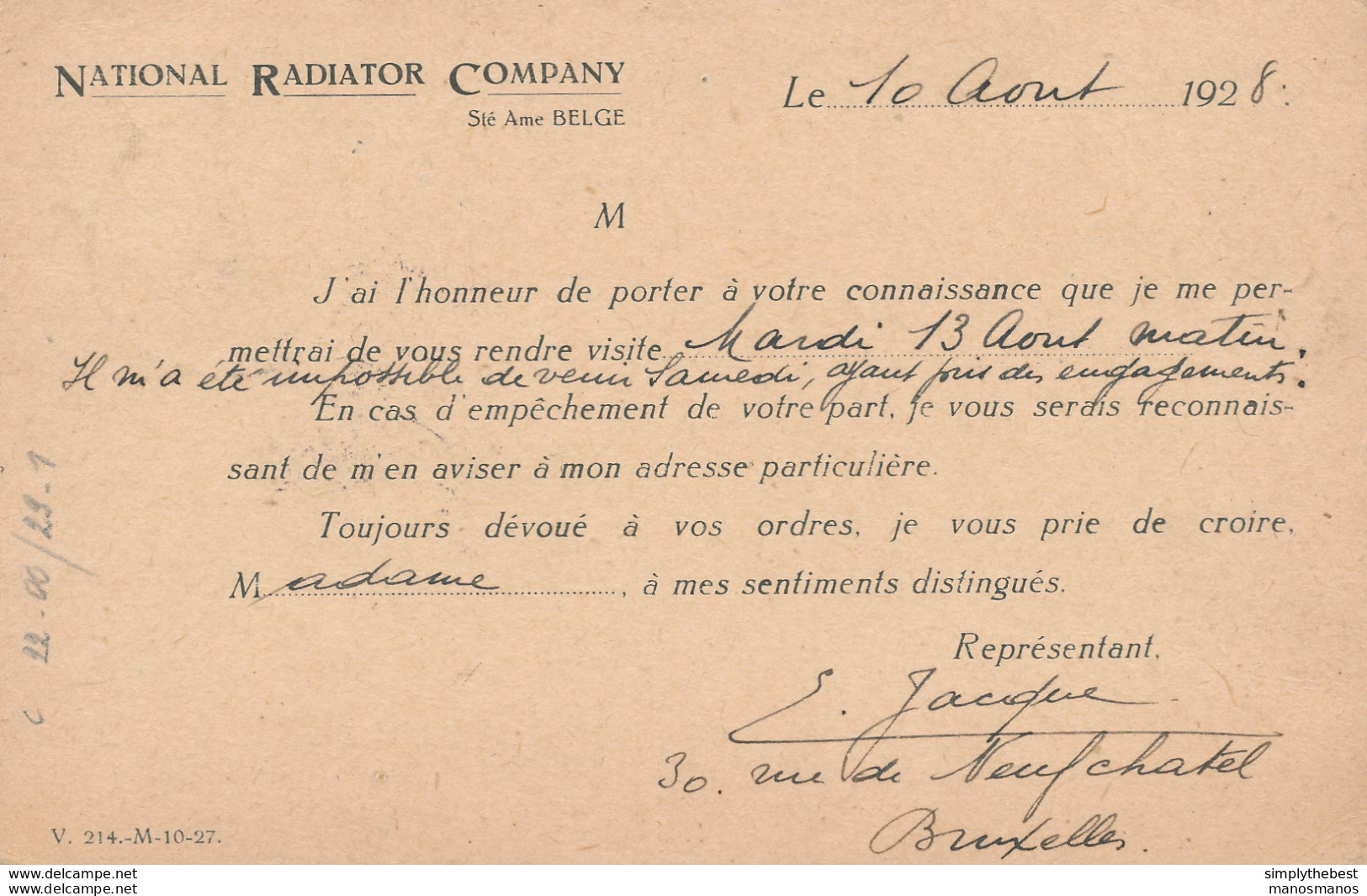 454/30 - Carte Privée TP Houyoux PERFORE N.R.C. BRUXELLES 1928 - Entete National Radiator Company - 1909-34