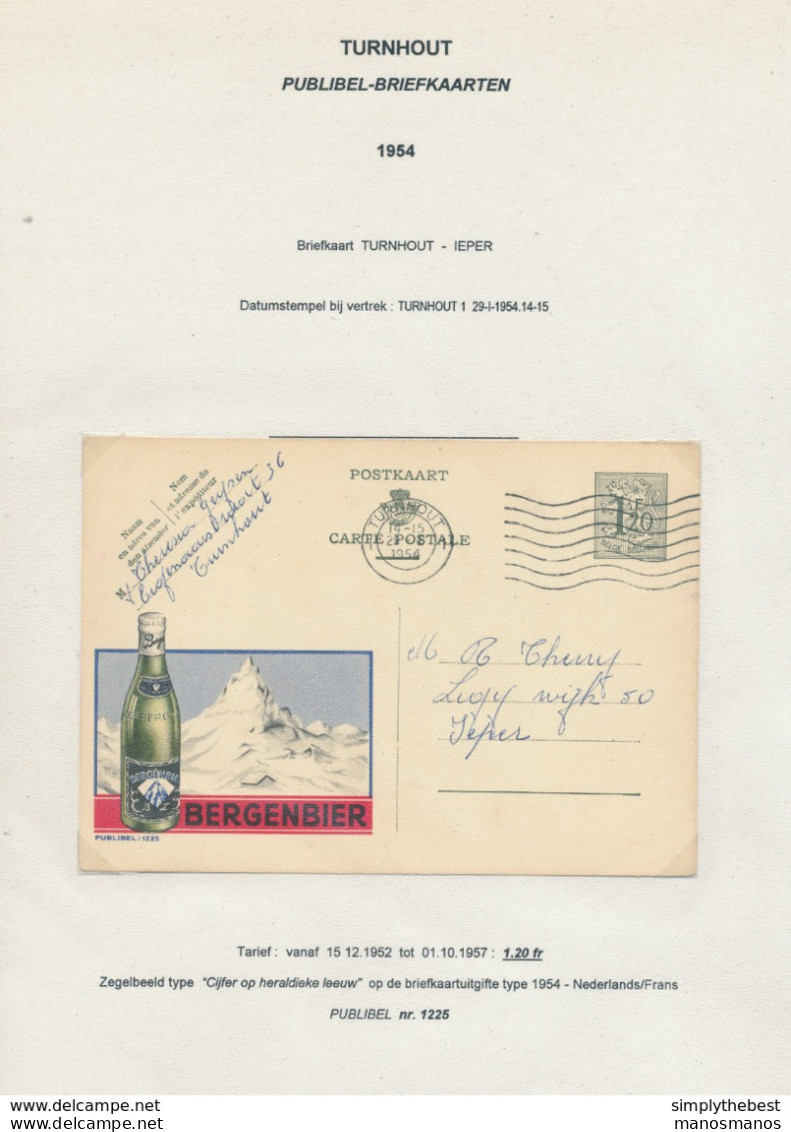 306/30 --  Entier Publibel 1225 TURNHOUT 1954 - Illustration BERGENBIER - TOPIC BEER , BREWERY - Werbepostkarten