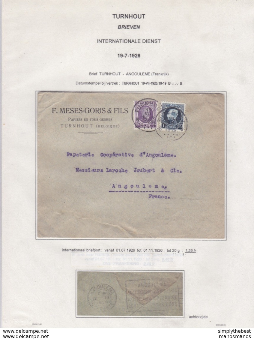 899/29 - Lettre TP Montenez Et Houyoux TURNHOUT 1926 Vers ANGOULEME - Entete Papiers En Tous Genres Meses-Goris - 1921-1925 Small Montenez