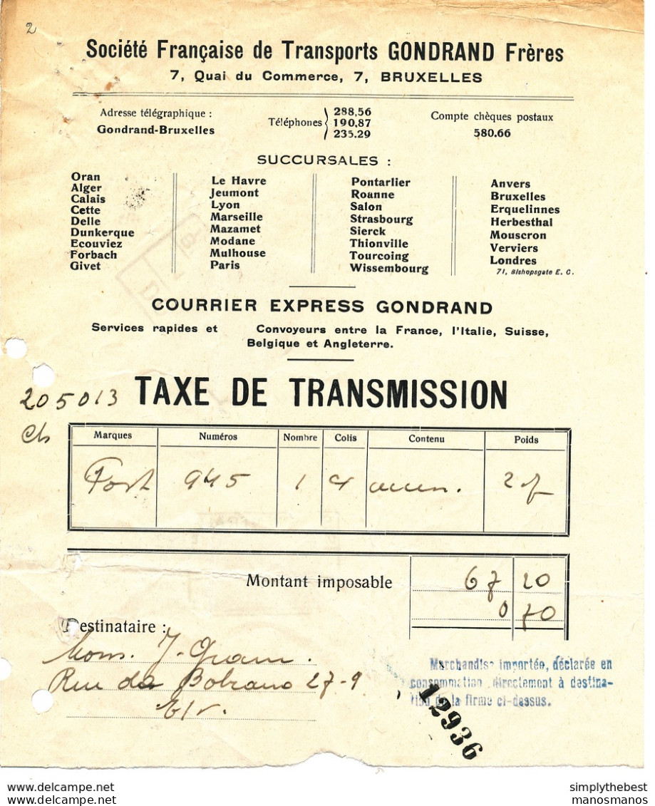 605/29 -- Timbres Fiscaux S/ Formule De Taxe De Transmission 1926 - 1 Fiscal DOUANE Bruxelles Et 1/2 Fiscal Soc. Electri - Documenti