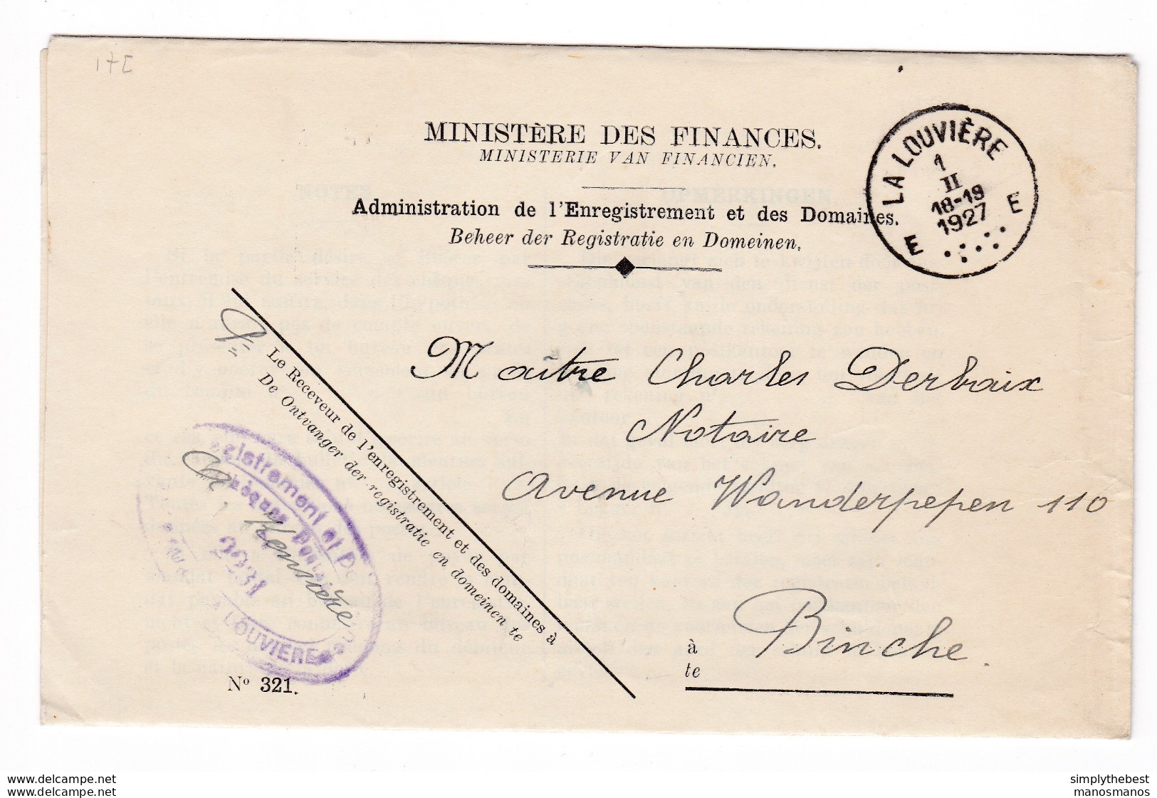 869/29 - Formulaire En FRANCHISE Du Ministère Des Finances LA LOUVIERE 1927 Vers BINCHE - Franchise