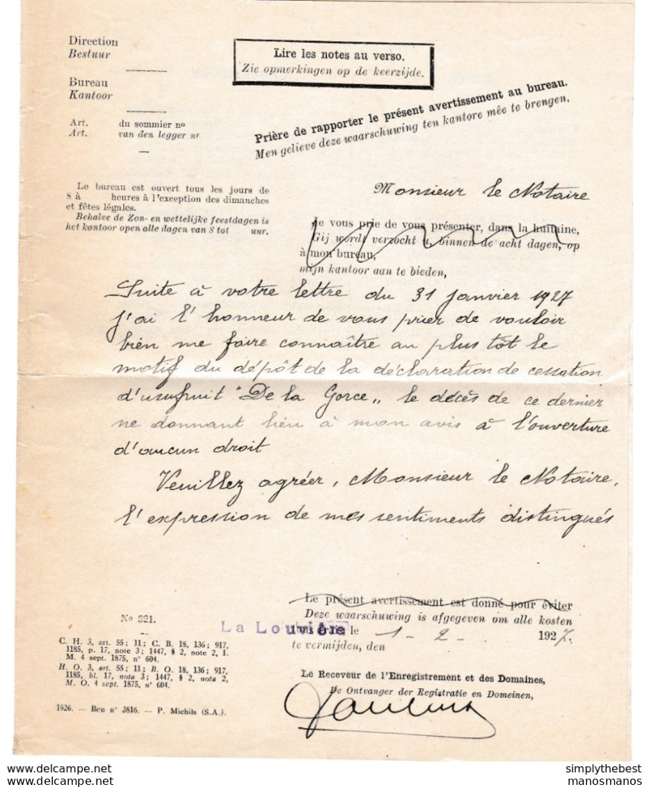 869/29 - Formulaire En FRANCHISE Du Ministère Des Finances LA LOUVIERE 1927 Vers BINCHE - Franchise