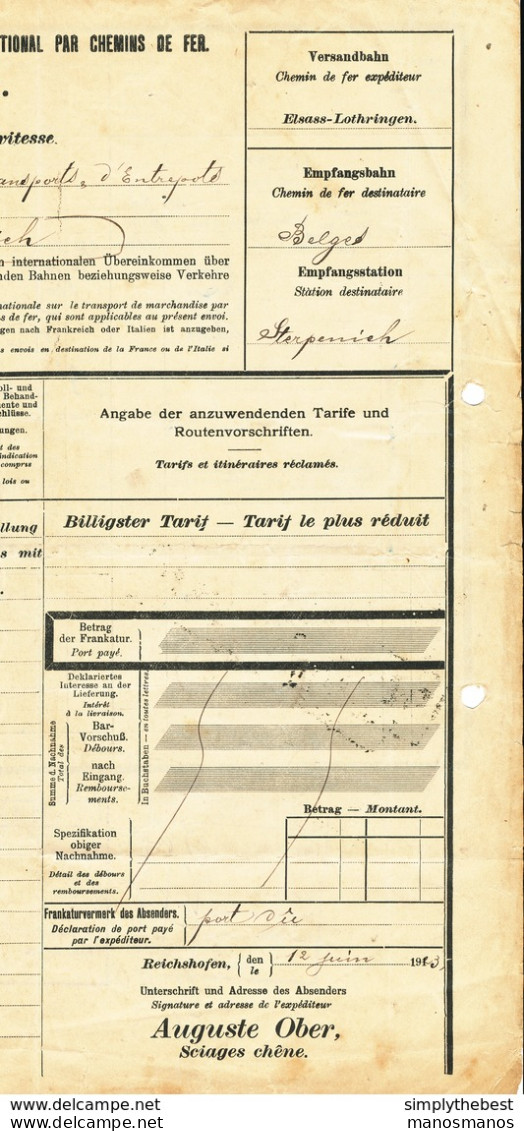 608/29 -- Quadricolore Timbres Fiscaux 1923 S/ Lettre De Voiture De REICHSHOFFEN Par Chemins De Fer Elsass Lothringen - Dokumente