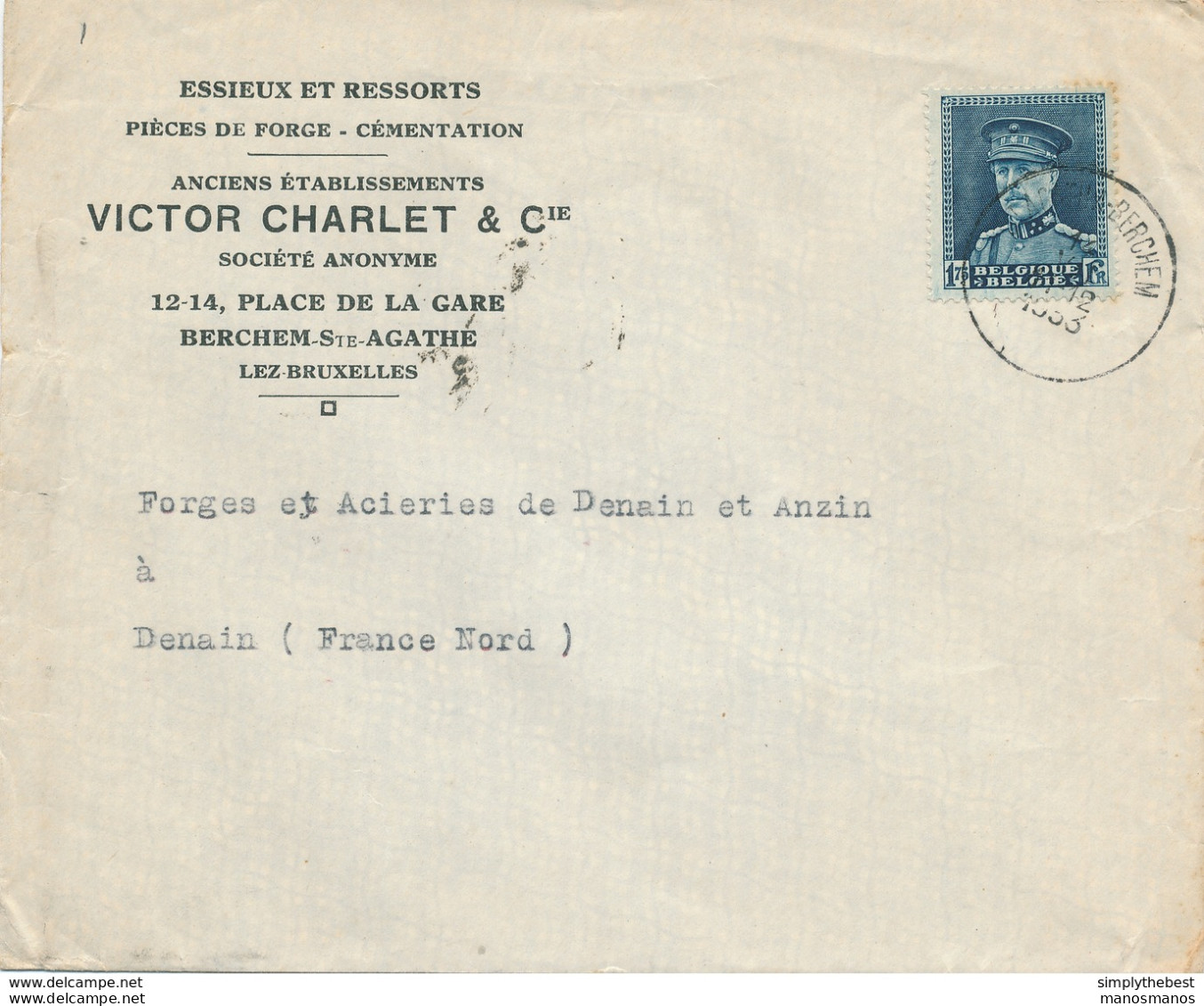 368/29 - Enveloppe TP Képi ST AGATHA BERCHEM 1933 Vers DENAIN  - Entete Victor Charlet § Cie , Essieux Et Ressorts - 1931-1934 Kepi