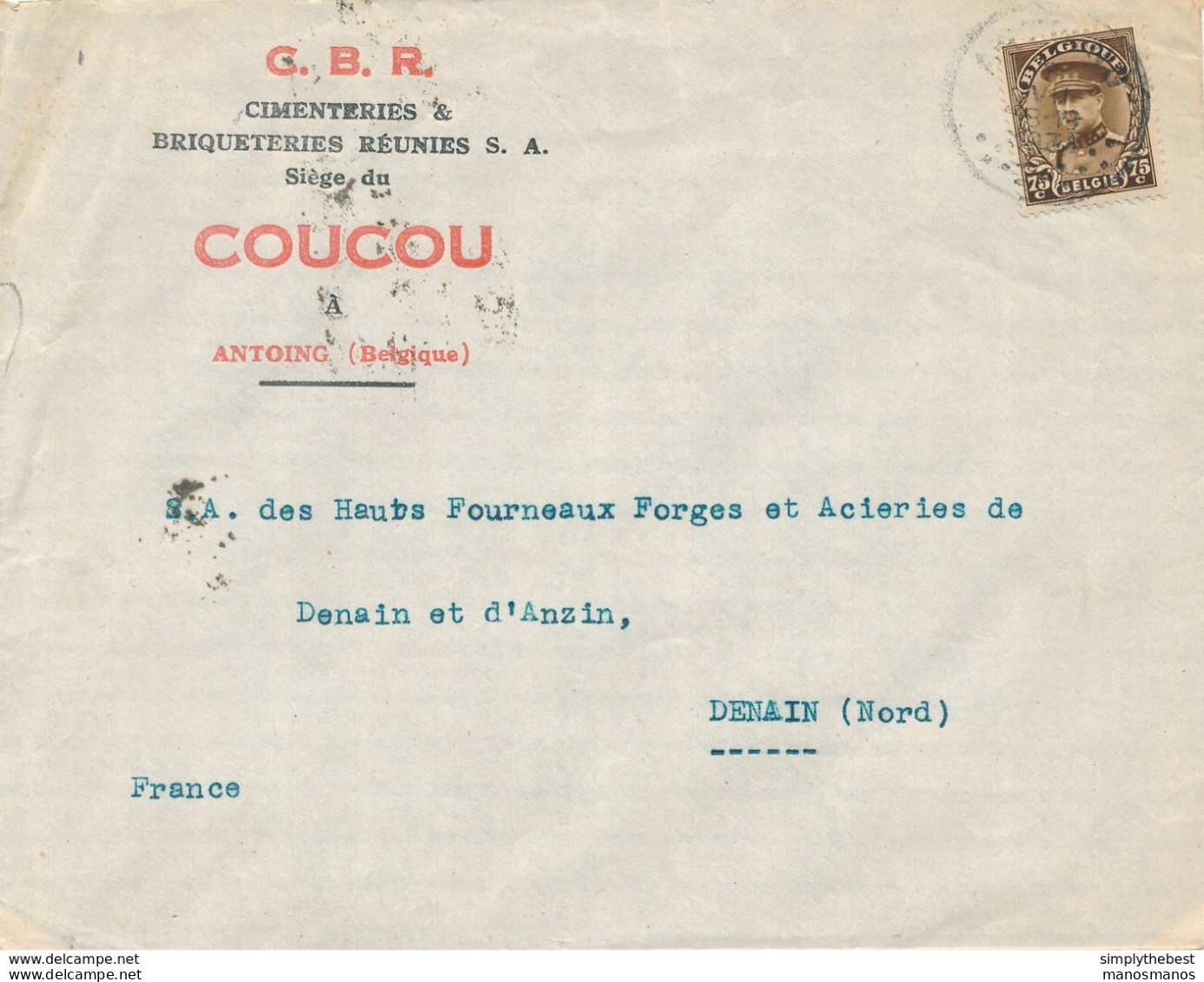 367/29 - Enveloppe TP Képi ANTOING 1934 Vers DENAIN  - Entete Cimenteries Briqueteries Réunies , C.B.R. Siège Du COUCOU - 1931-1934 Kepi