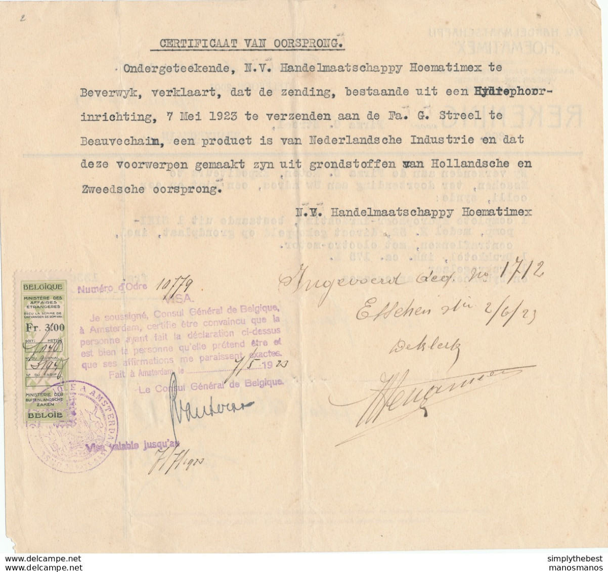 291/29 - Facture Pays-Bas 1923 Avec Timbre Fiscal Belge - Cachet Du Consulat Belge à AMSTERDAM - Dokumente