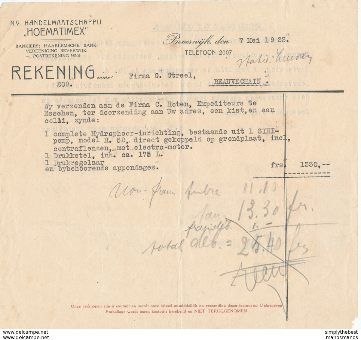 291/29 - Facture Pays-Bas 1923 Avec Timbre Fiscal Belge - Cachet Du Consulat Belge à AMSTERDAM - Documenten