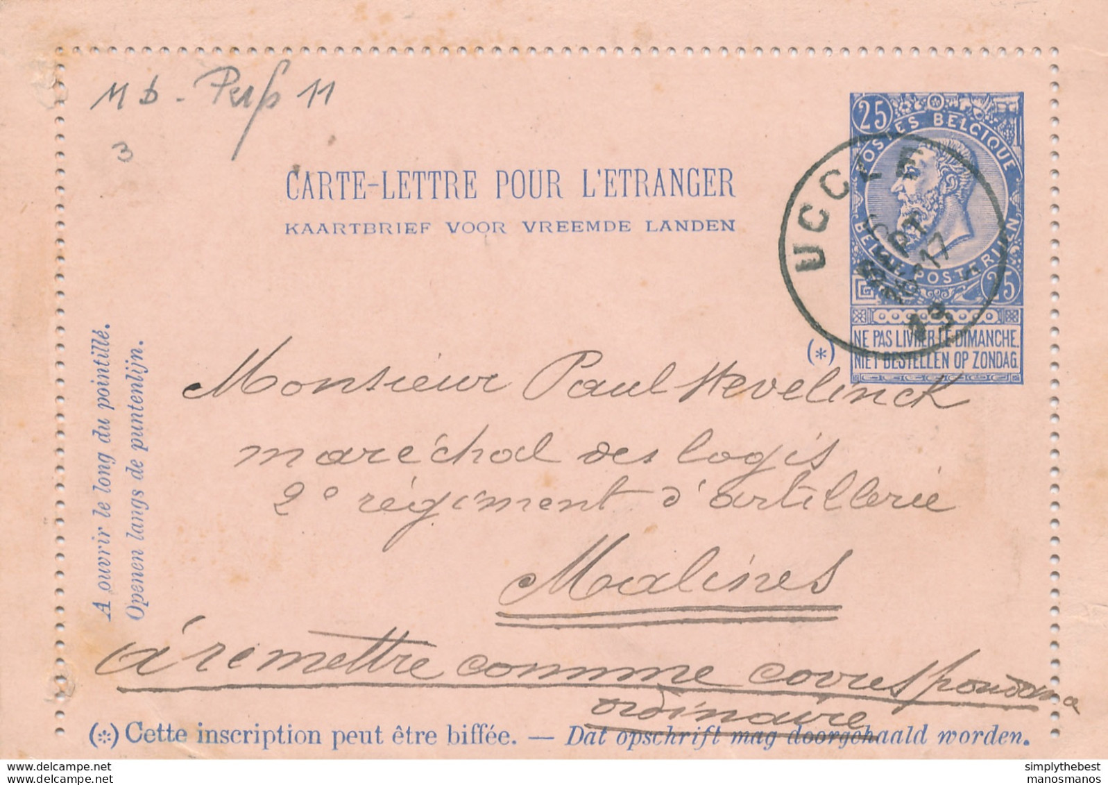 796/28 - Carte-Lettre UCCLE 1905 - Fine Barbe 25 C Perforée 11 - Type 11 B Du Catalogue SBEP (Cote 60 EUR) - Postbladen