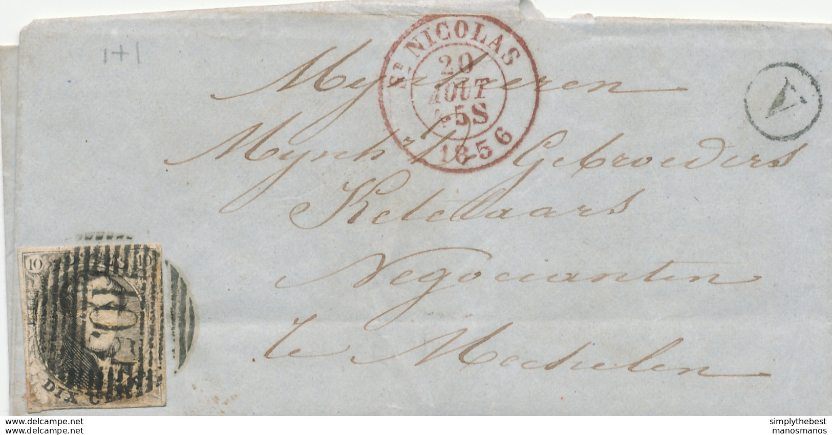 775/28 - Lettre TP Médaillon 10 C ST NICOLAS 1856 Vers MECHELEN - Boite Rurale V De ST GILLIS - Posta Rurale