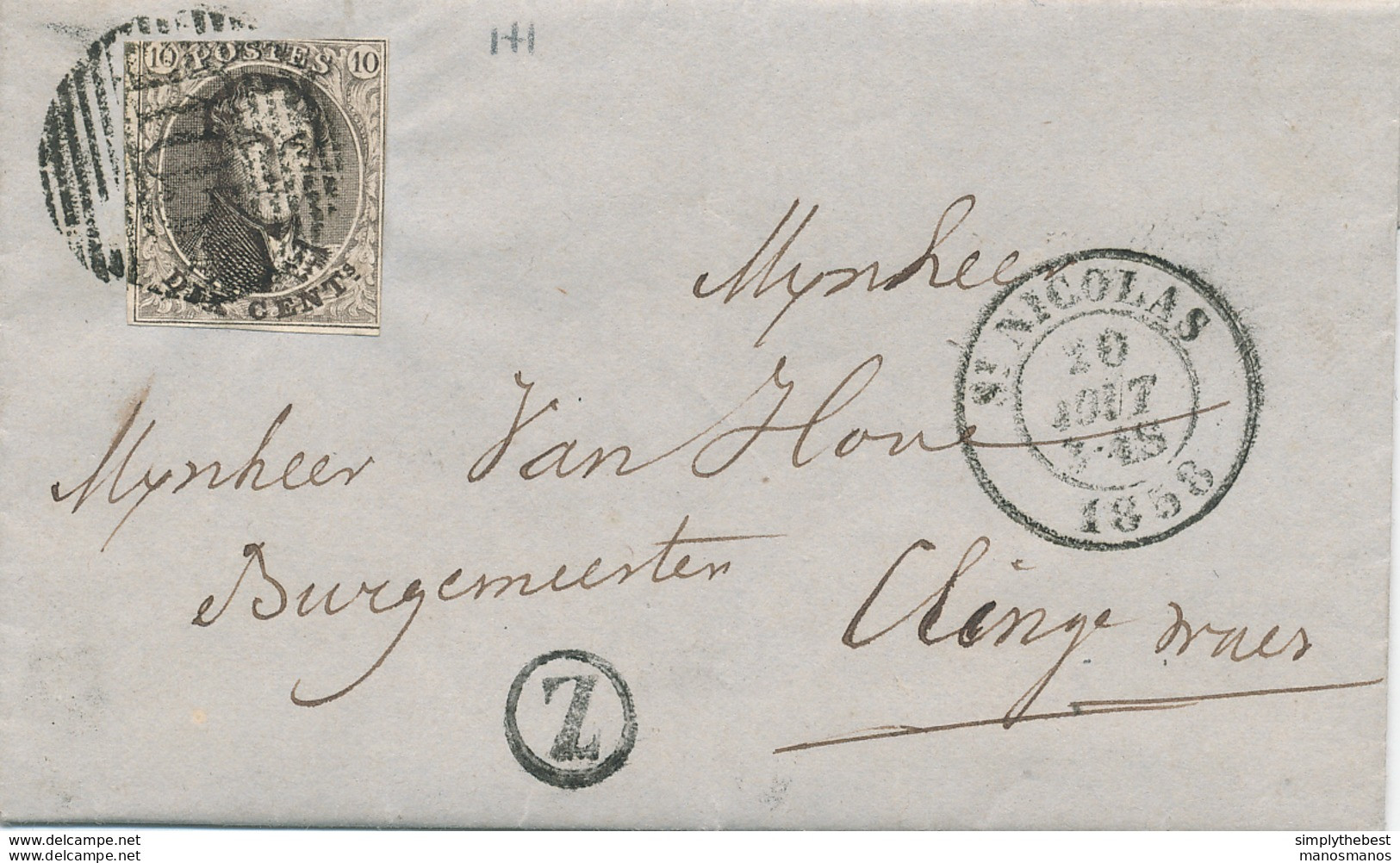 774/28 - Lettre TP Médaillon 10 C (touché) ST NICOLAS 1858 Vers CLINGE - Boite Rurale Z De NIEUKERKEN - Rural Post