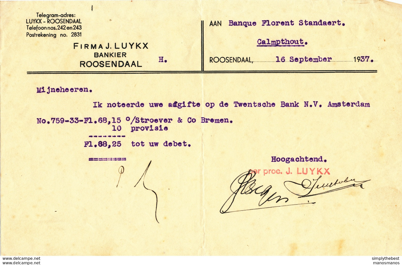 320/29 - ROSENDAAL Firma Luyckx , Bankier - 4 Documents 1937 , Dont 3 Avec Timbres Fiscaux NL - Fiscali