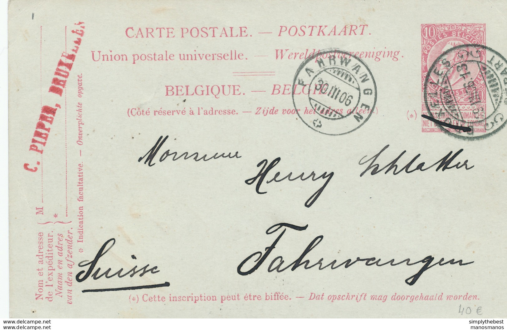 677/28 -  Entier Postal Fine Barbe Cachet à Pont BRUXELLES Départ 1906 Vers FAHRWANGEN Suisse - Postkarten 1871-1909