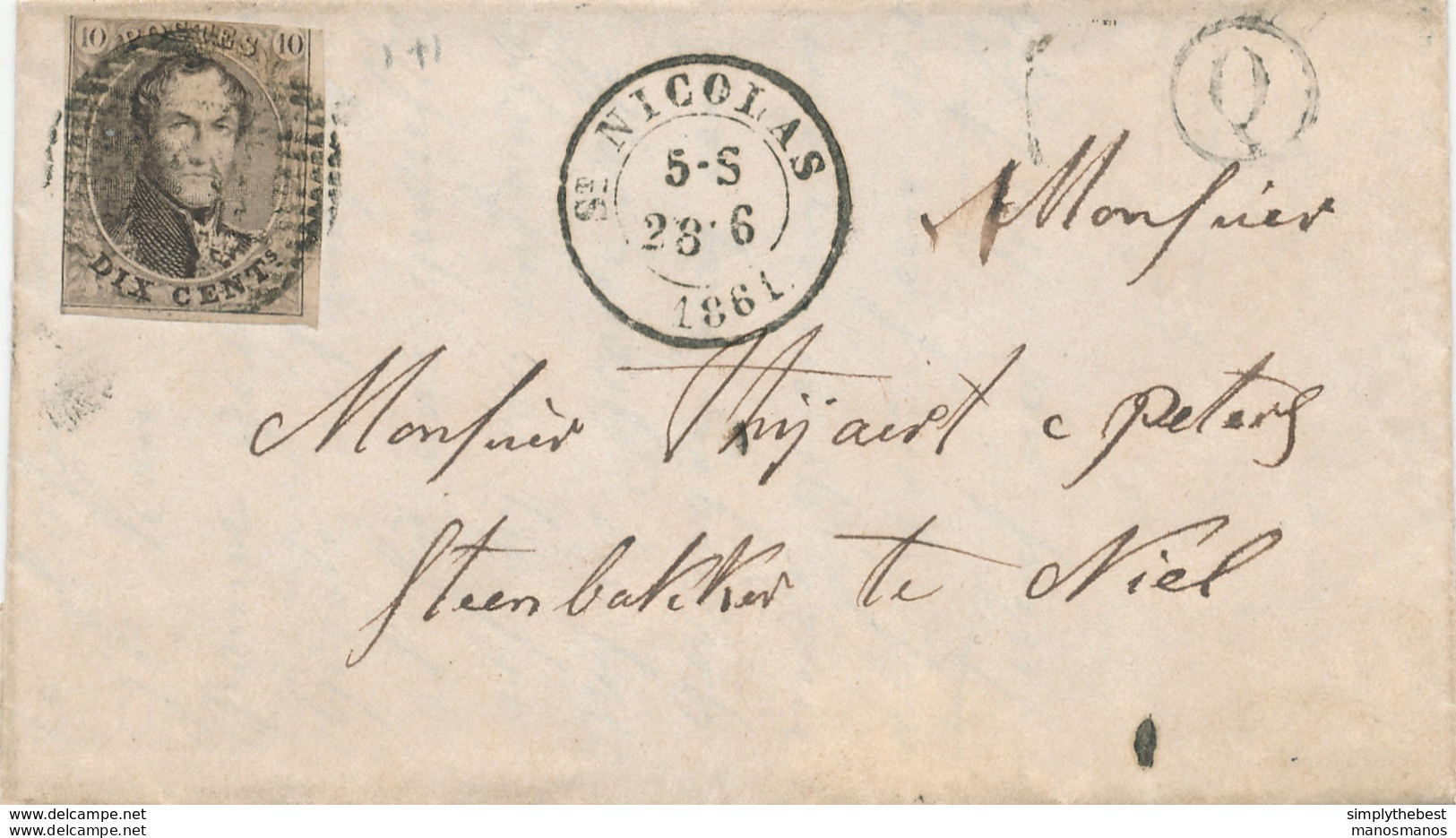 773/28 - Lettre TP Médaillon 10 C (touché) ST NICOLAS 1861 Vers NIEL - Boite Rurale Q De SINAY - Poste Rurale