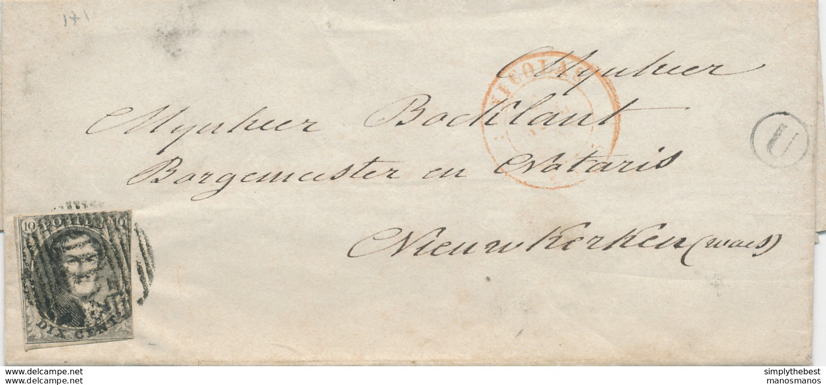 777/28 - Lettre TP Médaillon 10 C (touché) ST NICOLAS 1855 Vers NIEUWKERKEN - Boite Rurale U De CLINGE - Landpost (Ruralpost)