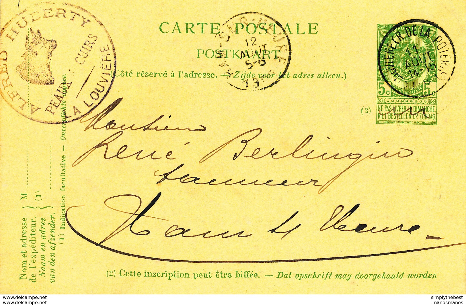 676/28 -  Entier Postal Armoiries LA LOUVIERE Rue De La Poterie 1908 - Cachet Tete De Boeuf , Peaux Et Cuirs Huberty - Postkarten 1871-1909
