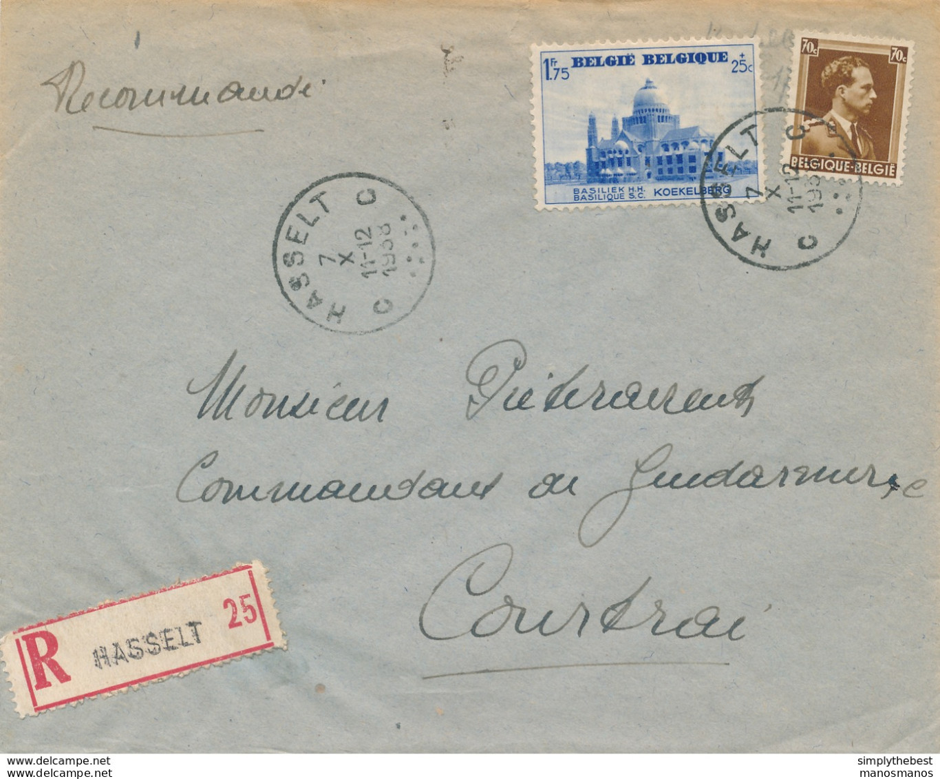 670/28 -  Enveloppe Recommandée TP 475 Basilique + Col Ouvert HASSELT 1938 Vers COURTRAI - 1934-1951