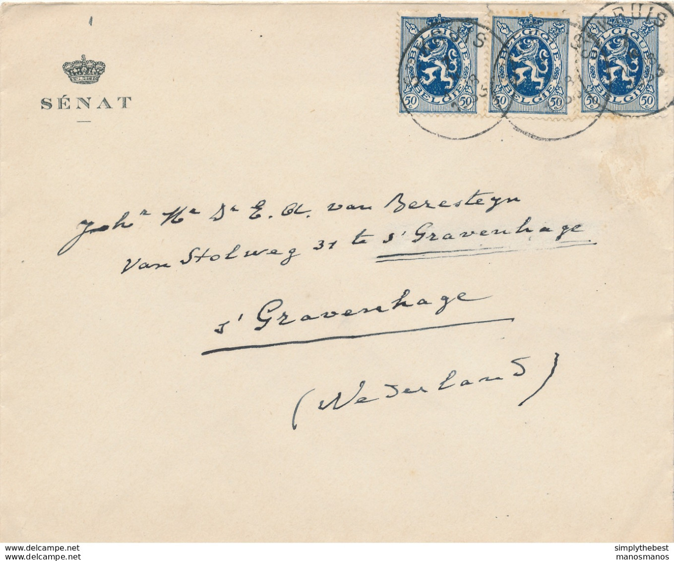 654/28 - Enveloppe 3 X TP Lion Héraldique ST KRUIS 1933 Vers S' GRAVENHAGE NL - Entete SENAT - Tarif Préférentiel NL - 1929-1937 Lion Héraldique